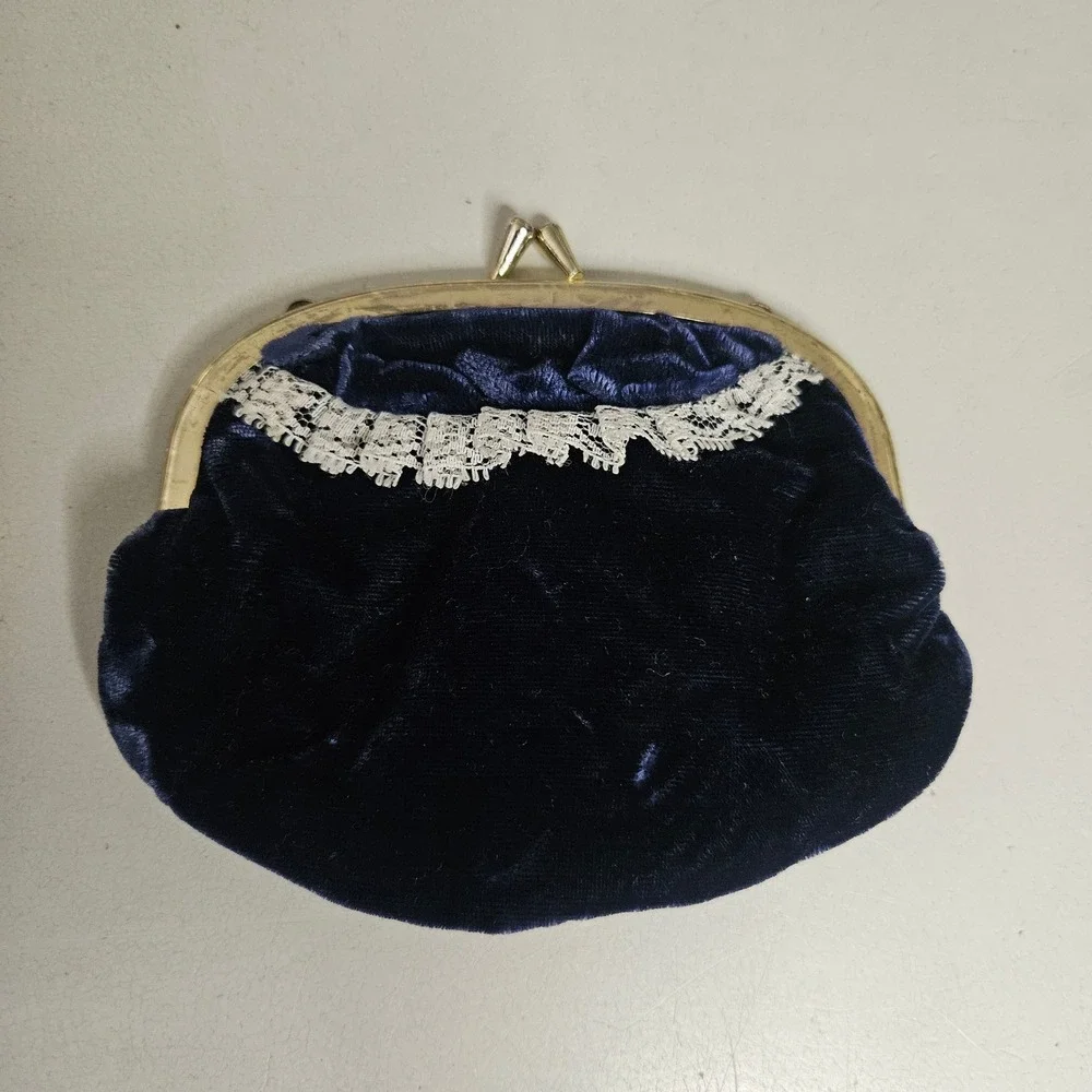 Vintage Navy Blue Velvet Lace Trim Coin Purse Gold Kiss Lock Made in Hong Kong